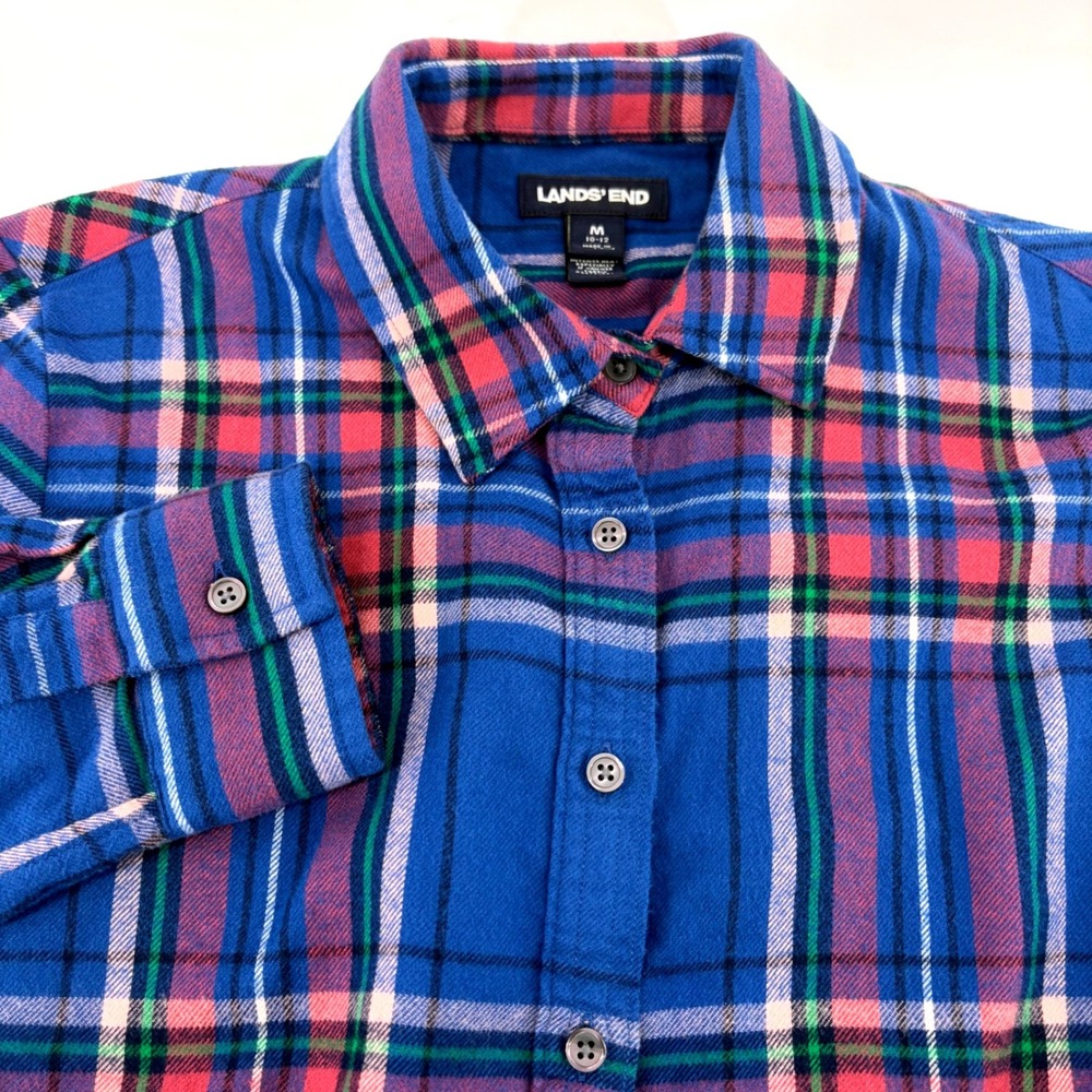 Lands End Womens Blue Pink Plaid Flannel Shirt Size M 10-12 Cotton Button Down